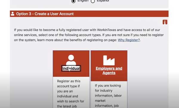 create a user account on work in texas