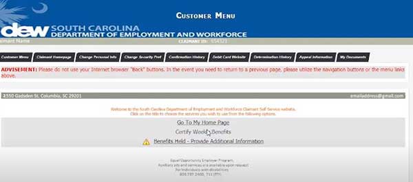 customer menu on sc unemployment to file weekly claim