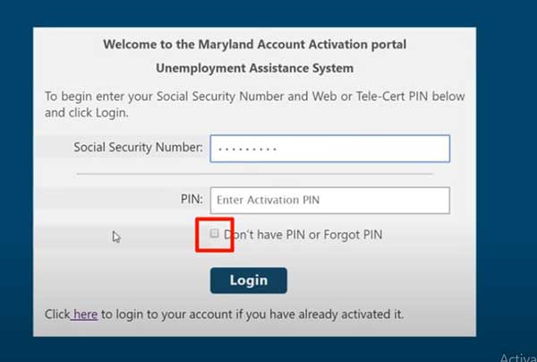 account activation on beacon maryland unemployment without pin