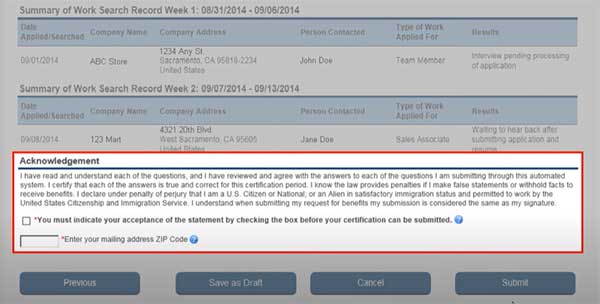 acknowledgemente section to certify for continued benefits