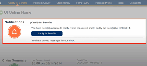 notification section to certify for continued benefits