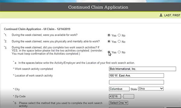 continued claim application part 1 to file a weekly unemployment benefits in ohio