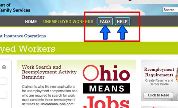 faqs and help button on unemployment ohio